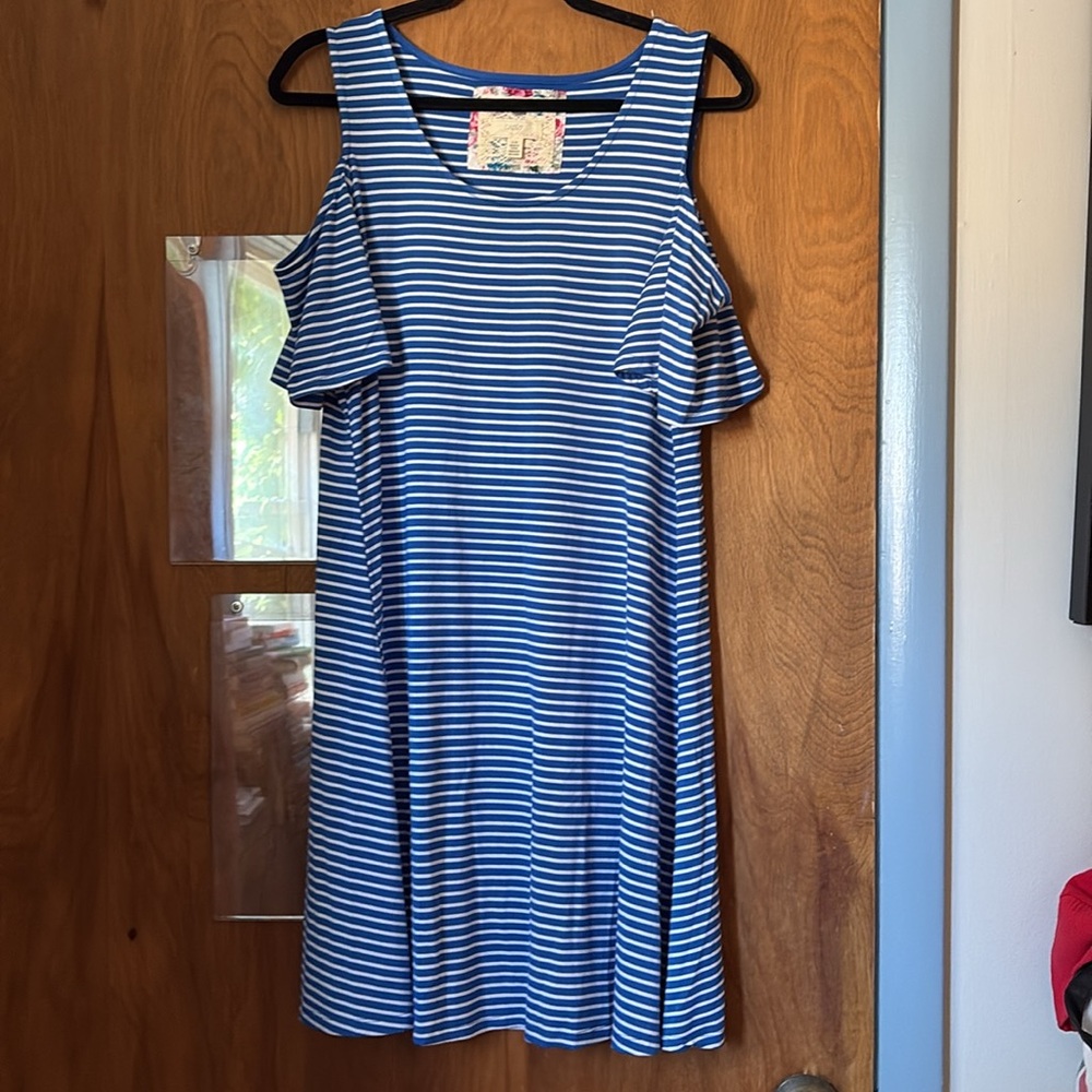 Cupio Women’s Cold Shoulder Blue and White Stripe Dress